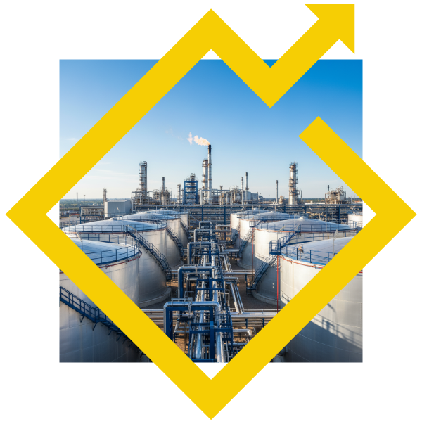 Oil refinery with storage tanks for global petroleum products brokerage.