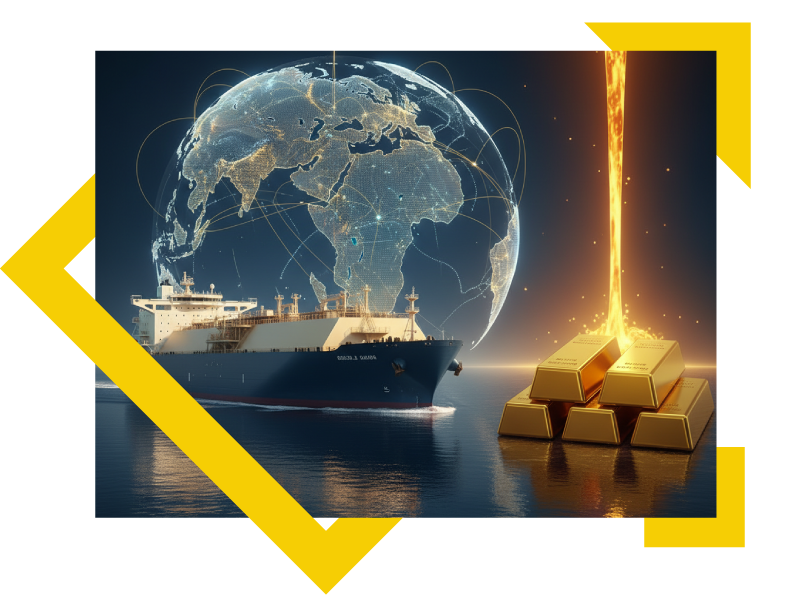 Global Commodity Trading concept with LNG ship and gold bars representing energy and precious metals trading.